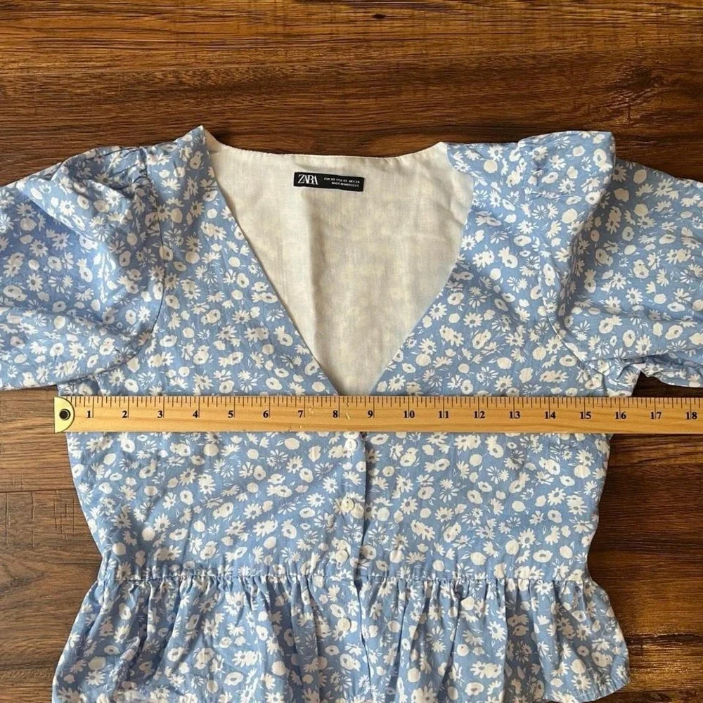 Zara Blue Floral Crop Top Women XS Vneck Puff Sleeves Coquette Cottagecore Boho - Picture 4 of 5